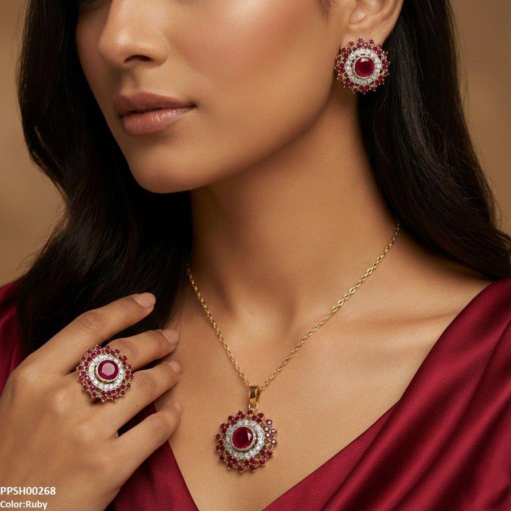PPSH00268 SDQ Round Stone Flower Pendant Set - PPSH