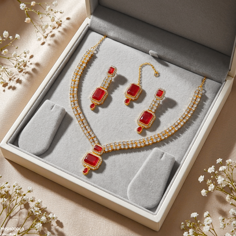 PNSH00071 ABD Tear Flower Pearl Drop Necklace Set - PNSH